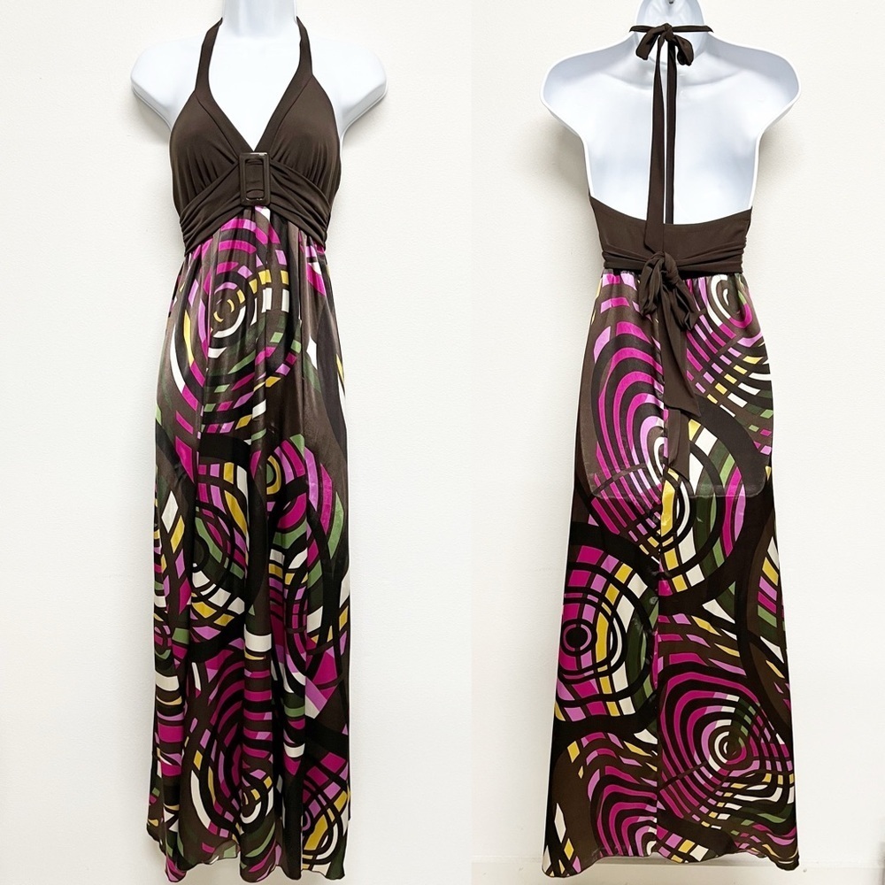 Candies Womens 90s Y2K Pink Brown Swirl Patterned Backless Maxi Dress Sz S